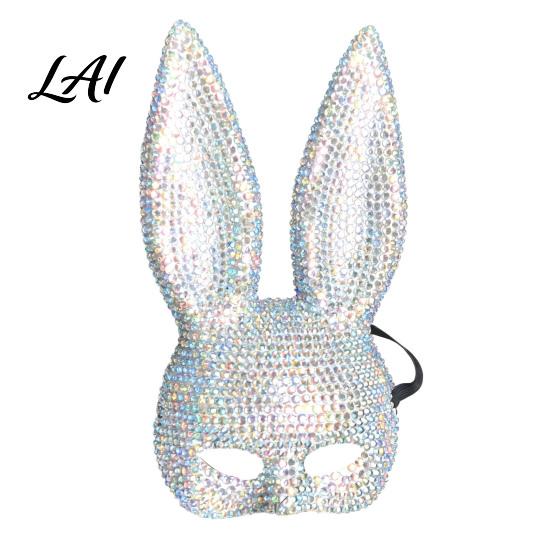 New Year Eve Party Mask Disco Mirror Rhinestone Rabbit Mask Sparkly Glitter Bunny Face Sexy Ear for Halloween Party Shiny Reflective Festive Cosplay