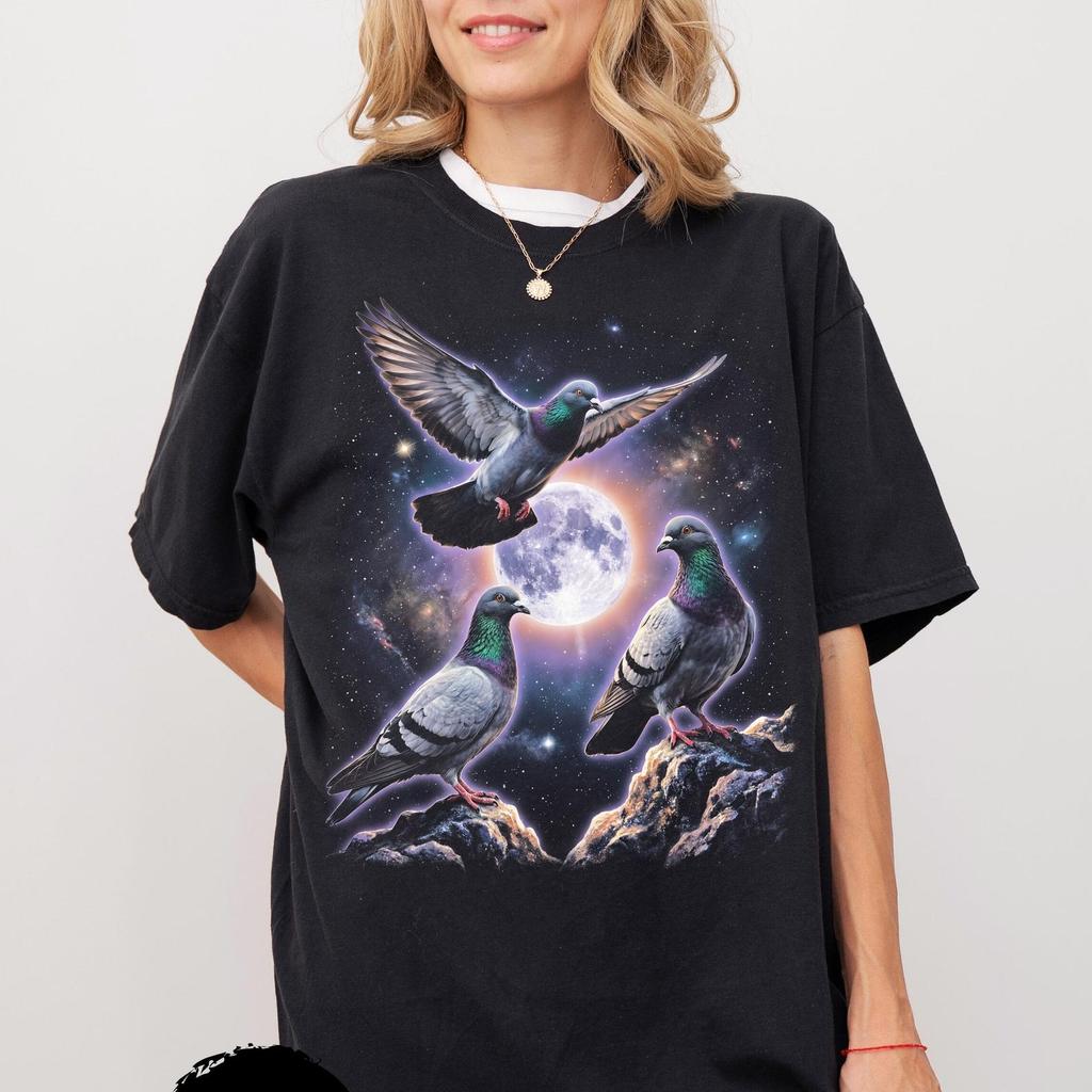 Three Pigeon Retro Graphic T-shirts, Vintage Pigeon Moon Tshirt