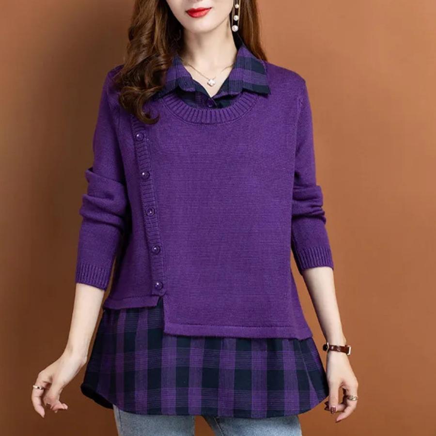 Fake Two Piece Women's Pullover Tops Solid Lapel Long Sleeve Shirt Knitted Sweater Fashion Buttons Loose Base Sweater