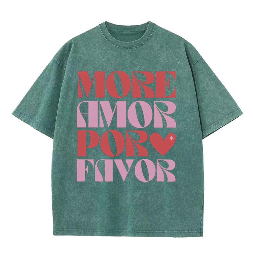 2026 Vintage Washed Black More Amor Por Favor Graphic T Shirt Spanish Love Text Print Oversized Casual Short Sleeve Tee