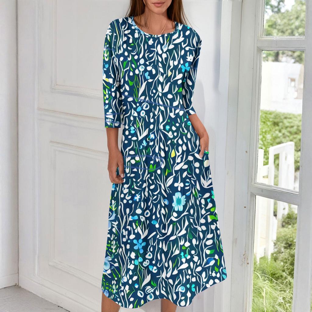 Женское модное повседневное миди-платье с круглым вырезом и рукавами три четверти