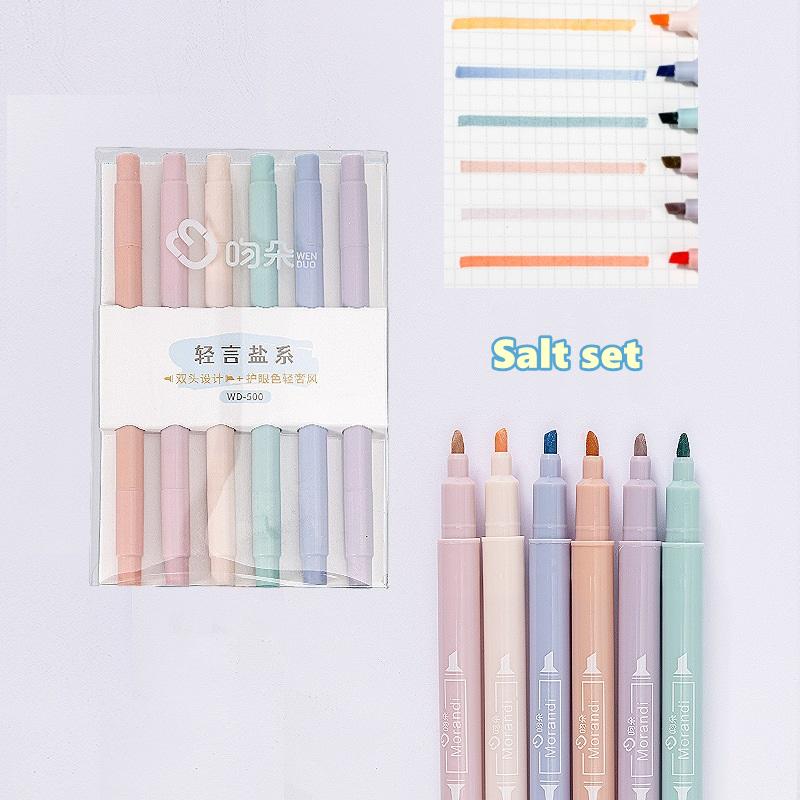 6pcs Light Color Highlighter Marker Pen Set Double Ended Oblique / Brush Tip Spot Liner Drawing Painter Office School