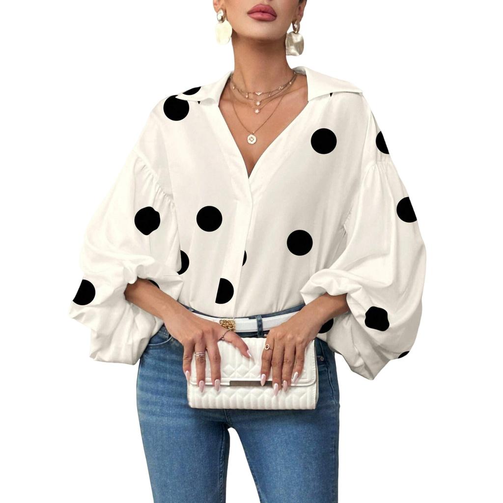 Women's  Casual French Polka Dot Half Open Neck Loose Bubble Long Sleeve Top
