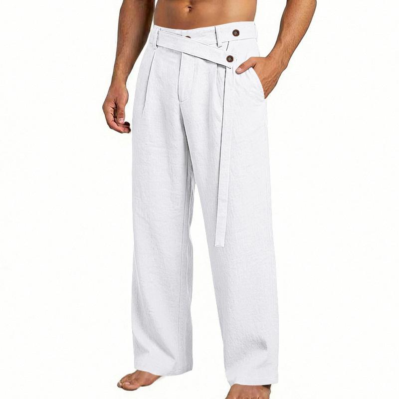 Men’s Linen Street-Style Plain-Coloured Loose-Fit Versatile Wide-Leg Casual Straight-Leg Trousers with Zip Front Placket and Diagonal Waistband