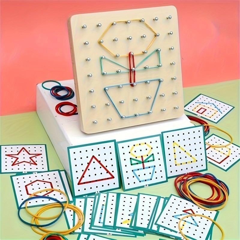 Creative Thinking Geometric Board Set with Pattern Cards Rubber Bands Educational Wooden Stacking Sorting Toy Math