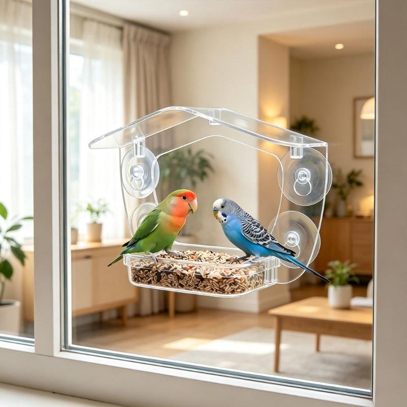 Clear Acrylic Bird Feeder Dining Tray with Suction Cups for Small to Medium Birds, Glass Mount Viewing Station for Outdoor Window Glass Use