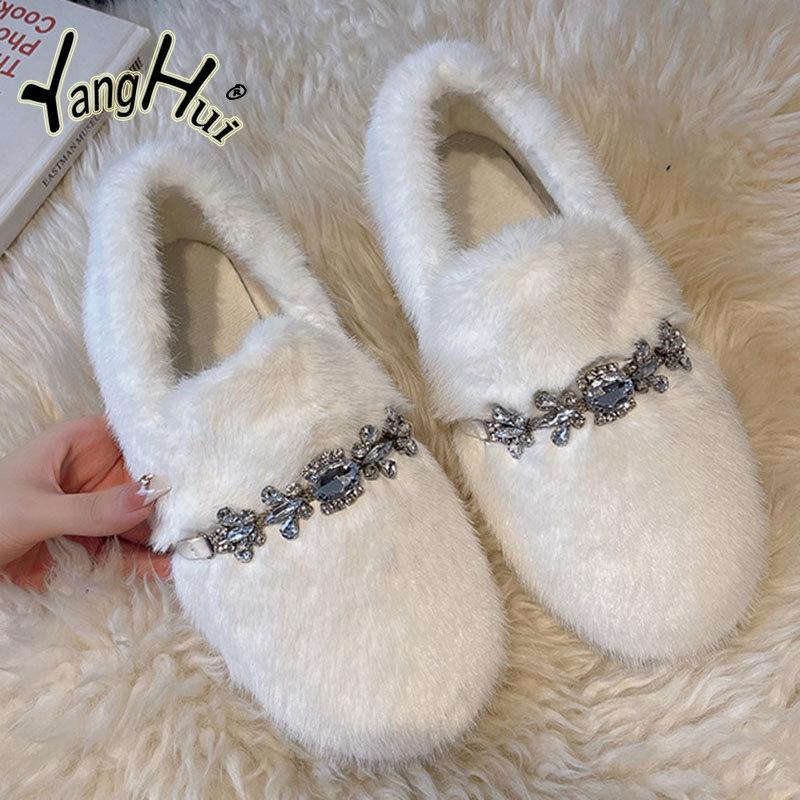 Женские шерстяные туфли Cross Fluffy Casual Concise Теплые короткие плюшевые балетки 2024 года Модные аксессуары Diamond Pearl Lazy Shoes Winter