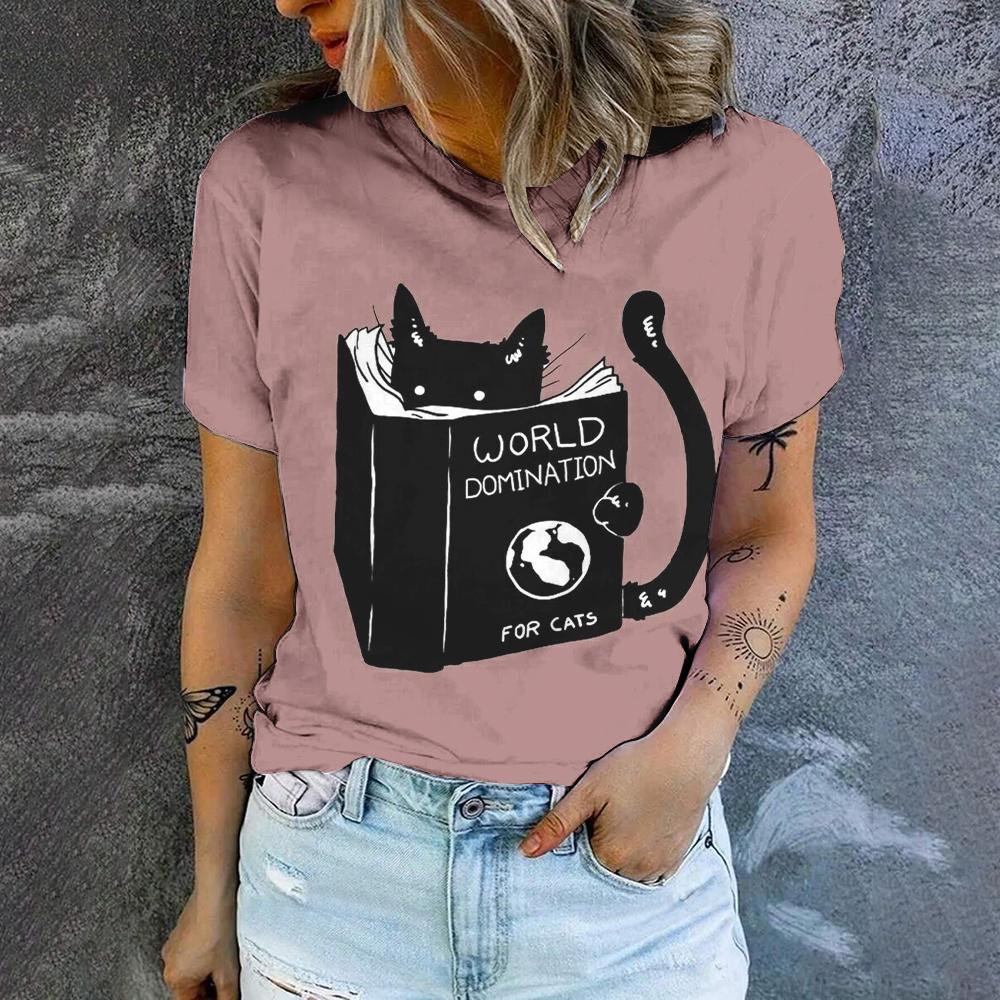 Футболка с круглым вырезом и принтом мультяшного кота, летняя, повседневная, дышащая, свободная, уличная, простая, женская футболка, топ