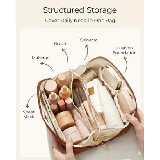 BAGSMART cosmetic pouch makeup large capacity PU full open brush storage travel bag waterproof