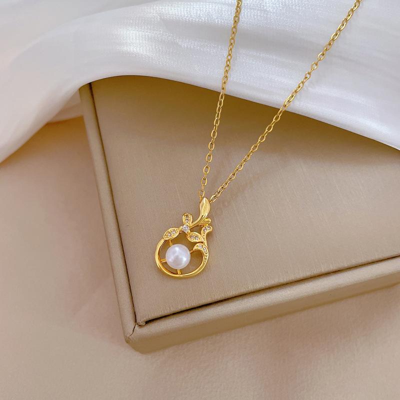 Pearl Leaf Plant Luxury Temperament Full Zirconium Necklace Women'S Fashion Trend Collarbone Chain Factory