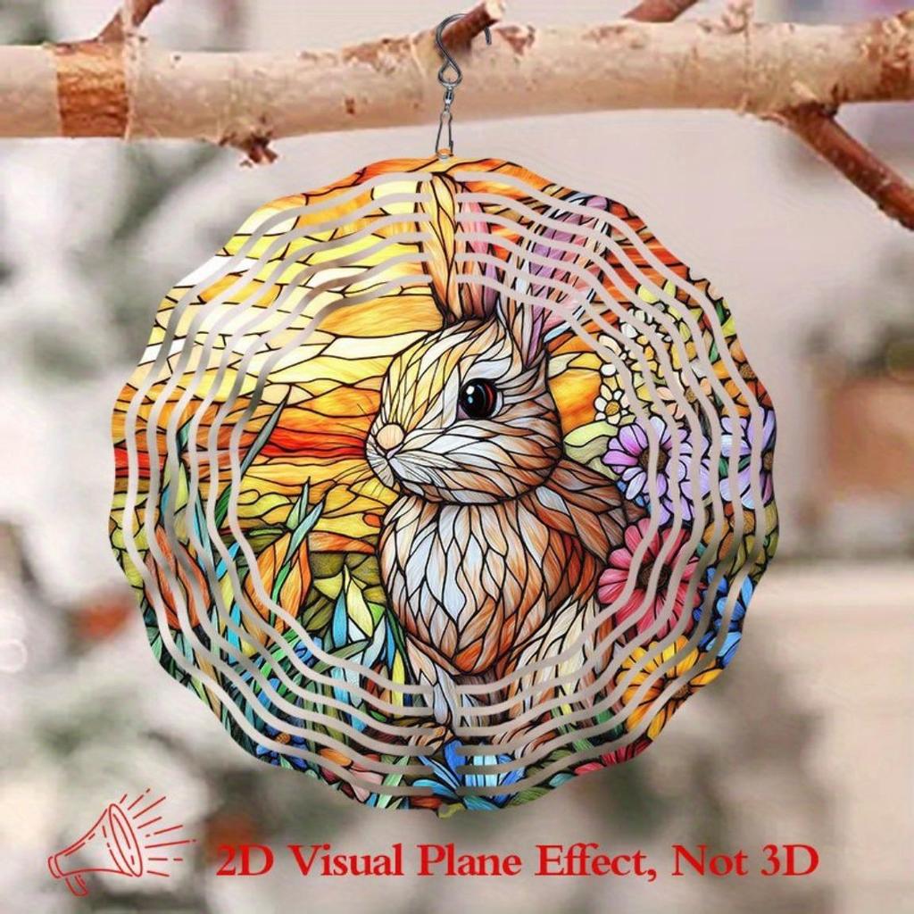 Stained Glass Rabbit Floral Wind Chime 10 Inch Double Sided Rotating Garden Decor for Outdoor Indoor Patio Porch Yard Wall Art