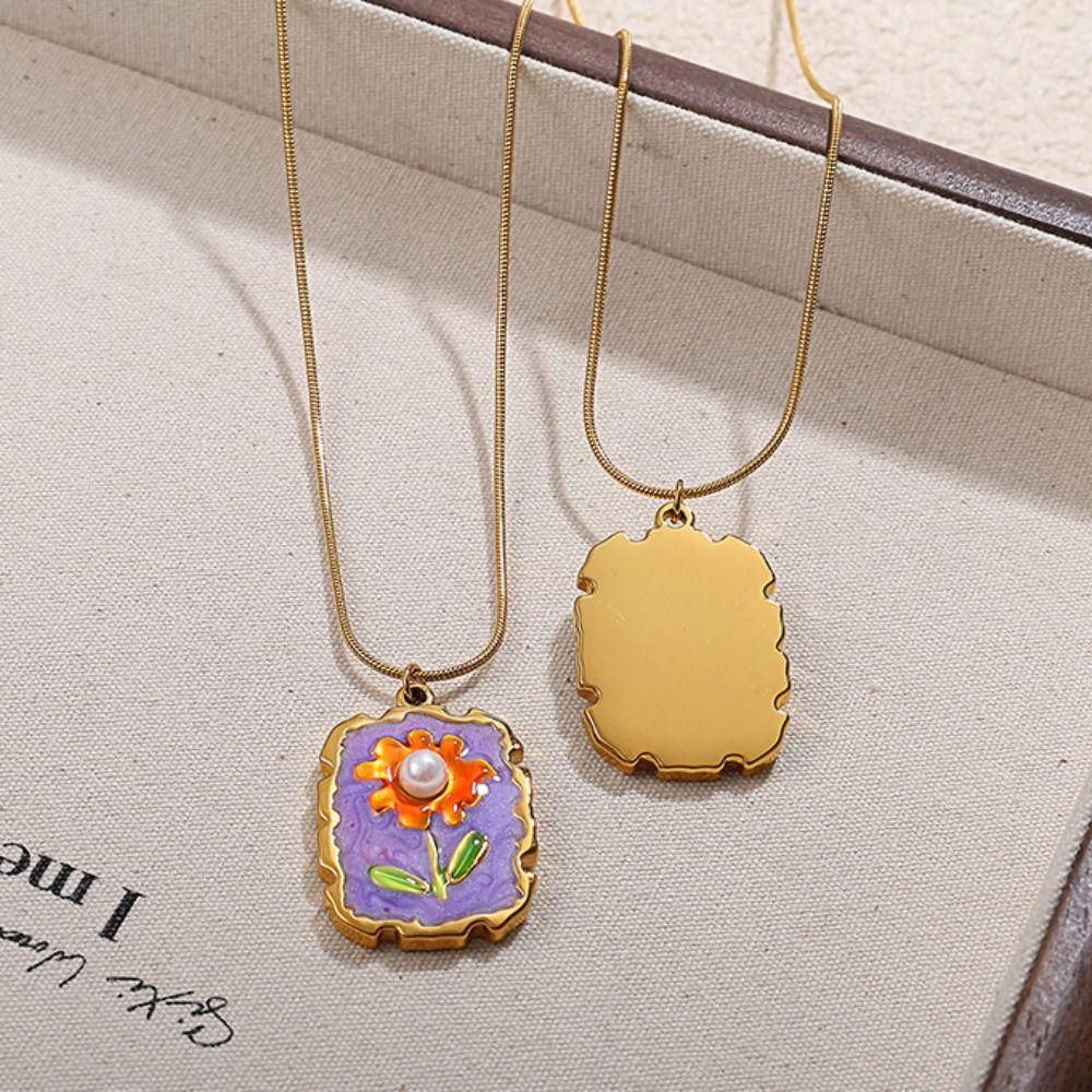 Dripping Oil Stainless Steel Chain Necklace Flower Clavicle Chain Sunflower Enamel Necklace  Girls
