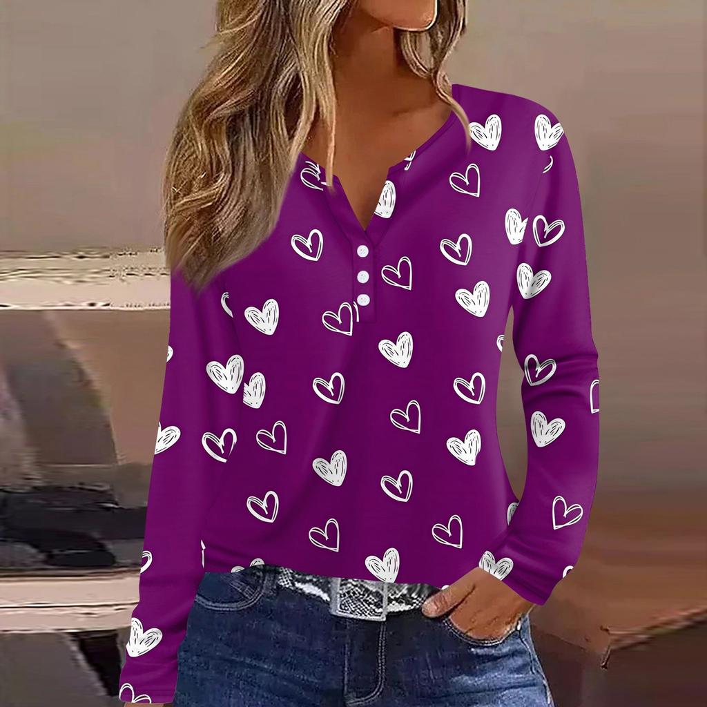 Женская футболка с принтом ко Дню святого Валентина, туника с длинным рукавом и пуговицами, повседневная мода на выходные, базовый топ с V-образным вырезом