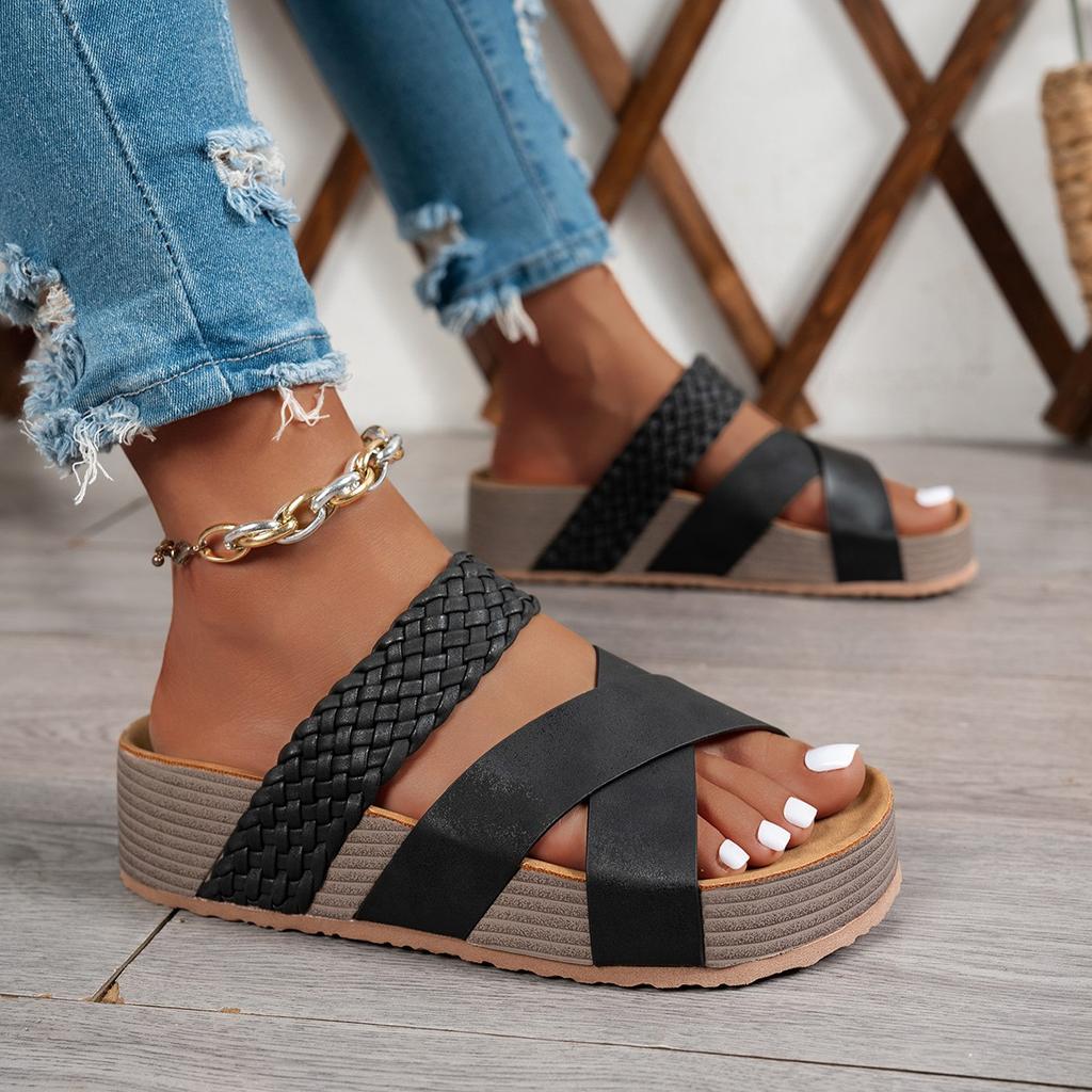 Fashion Summer Women Sandals Sexy Open Toe Broad Band Crossover Slip-On Thick Platform Shoes Casual Flat Slippers Big Size 43