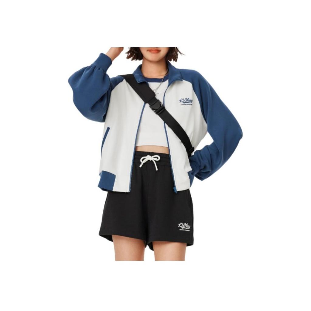 Li Ning Sports Lifestyle Series Color Block Letter Stand Collar Zipper Long Sleeve Hoodie Women Hoodies Off-White Deep-Navy AWDU838-2