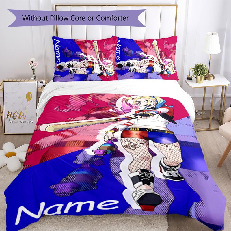 3pcs Custom Name Cartoon Harley Quinn Bedding Set Duvet Cover Closure Includes 1 Duvet Cover & 2 Pillowcases for All Seasons Bedroom Decor