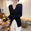 Элегантный женский вязаный топ с V-образным вырезом и длинными рукавами, облегающий, модный пуловер-свитер, полый, осенний, в корейском стиле, повседневный вязаный джемпер