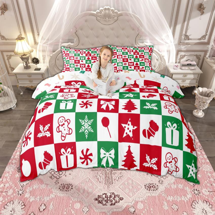 Homewish Merry Xmas Duvet Cover Set for Boys Girls, Christmas Tree Deer Bedding, Kawaii Snowman Santa Claus Quilt Cover Set