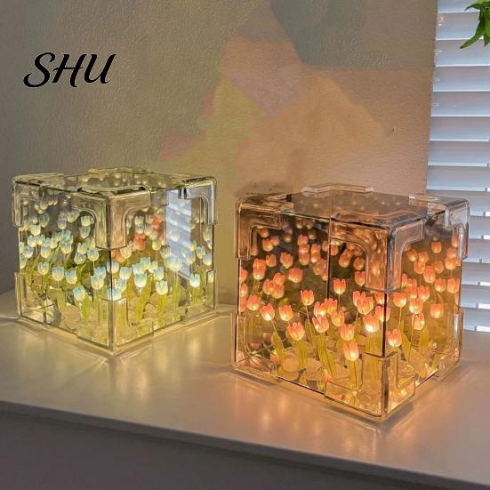 Flower Night Light Handmade DIY Tulips Cube Mirror Lamp Soft Glow Easy to Install Romantic Desktop Decoration Tulip