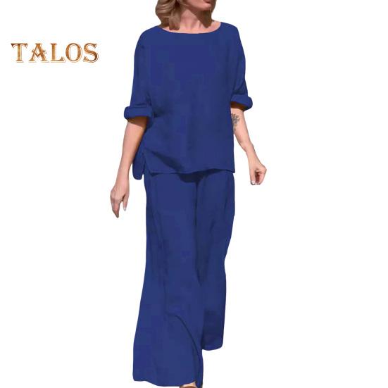 2Pcs/Set Women Casual Outfit O-neck Long Sleeve Tops Elastic Waist Wide Leg Long Pants Set Solid Color Loungewear