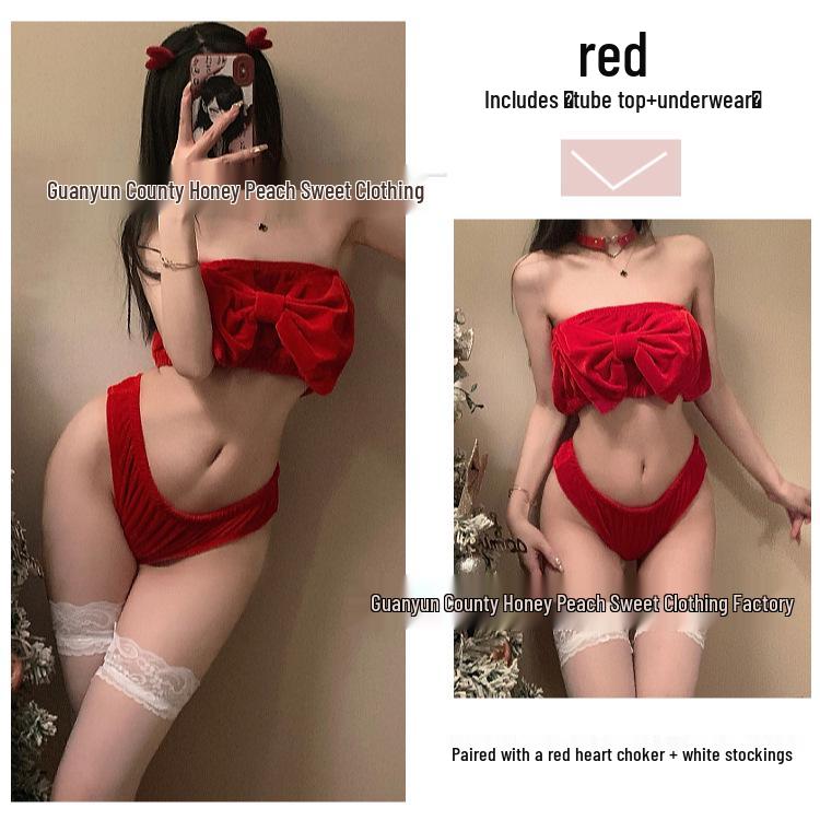 Christmas Red Lingerie Set - Sexy Bow Bandeau & Panties 