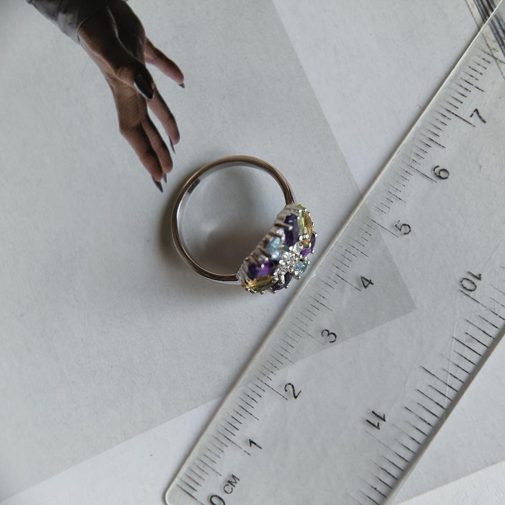 Серебряное кольцо с натуральным аметистом 3.048ct, цитрином, хризолітом, топазом, вес изделия 3,52 гр (2193333)