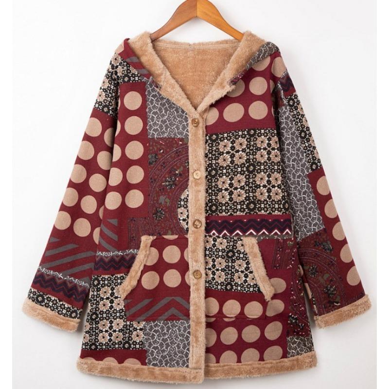 Casual Women Warm Outwear Retro Printed Pockets Zipper Hooded Long Sleeve Thicker Coat Plus Size