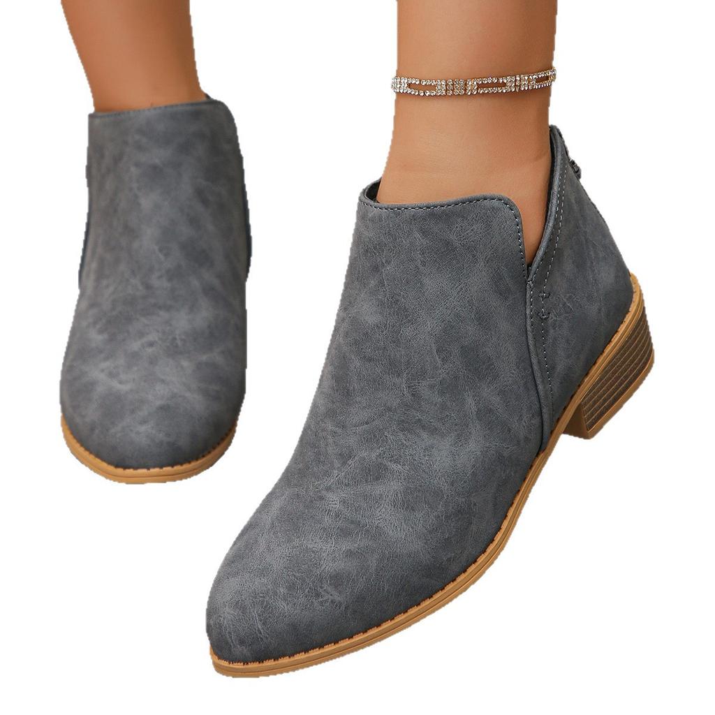 Европейские и американские большие размеры кожаные ботинки женские ботинки однотонные тонкий острый носок задняя молния повседневные толстая подошва толстый каблук мартин б