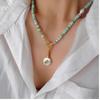 Baroque Freshwater Pearl & Zircon Clavicle Necklace with Green Shell & Turquoise Design