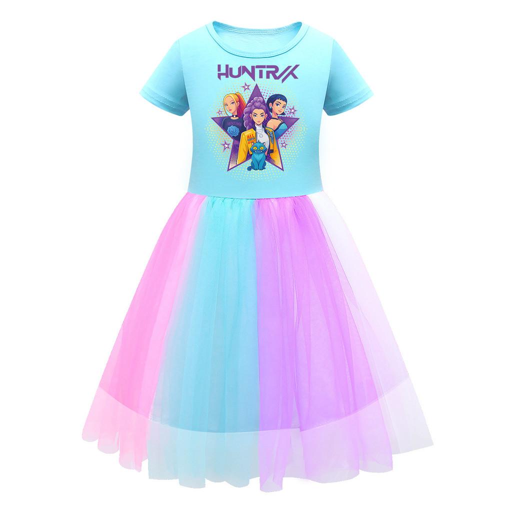 Детское платье для девочек Hunters Rumi Mira Zoey сценический принт сетка радуга круглый вырез короткие рукава повседневное хлопковое