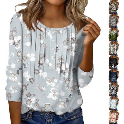 Женский топ с круглым вырезом, декоративными пуговицами и полосками, повседневная футболка однотонного цвета с рукавом 3/4