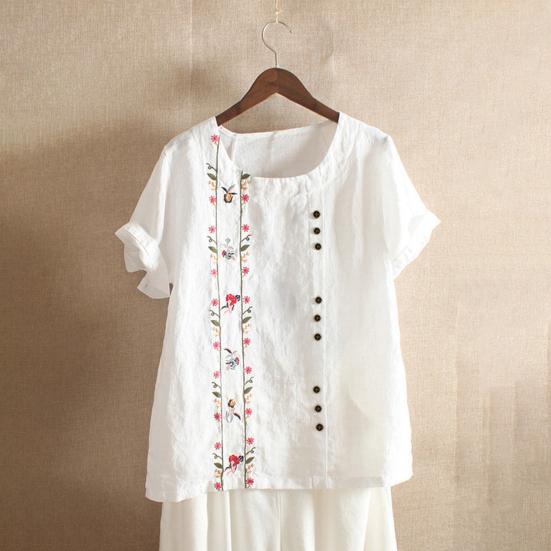 O-Neck Short Sleeve Loose Fit Women Shirt Embroidery Flower Print Buttons Decor Shirt Top Streetwear