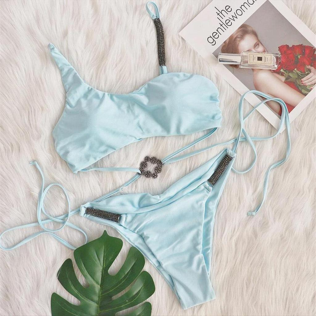 Асимметричный бикини со стразами, женский купальник, женские купальники, комплект бикини из двух частей, купальный костюм для плавания