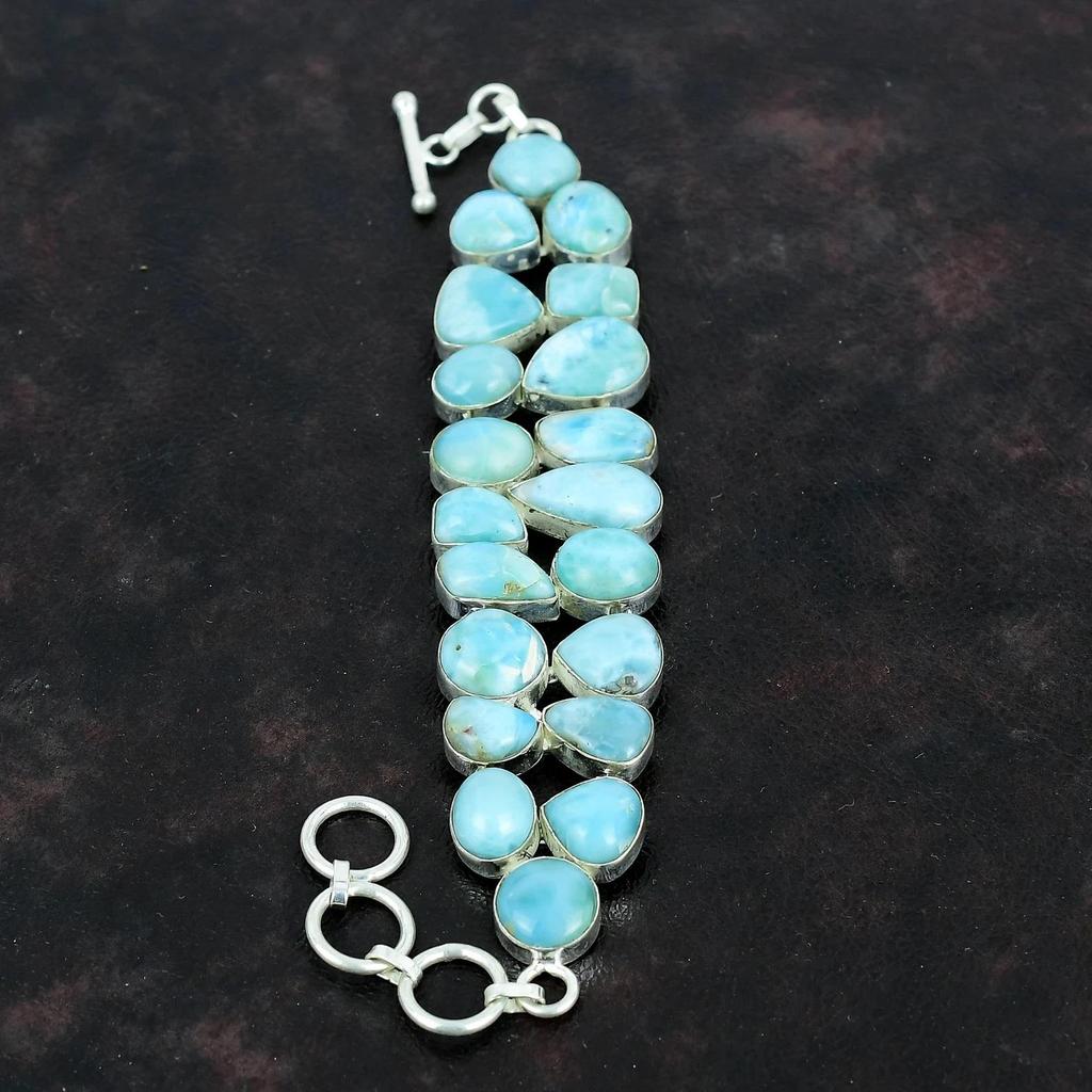 Solid 925 Sterling Silver Larimar Gemstone Silver Bracelet Gemstone Natural Larimar Bracelet