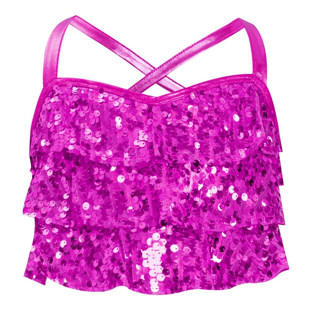 Костюм для джазового танца для девочек, блестящие пайетки, многоярусные оборки, кроп-топ, перекрещенная спина, металлизированная майка, топ для выступлений