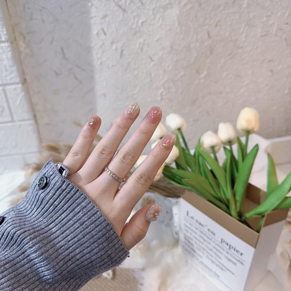 HANDMADE Artificial Nail Fake Nails Hand-Painted Tulip 3 D Flower Pink White Short Square Circle Phototherapy Nails Fake Nails Reusable