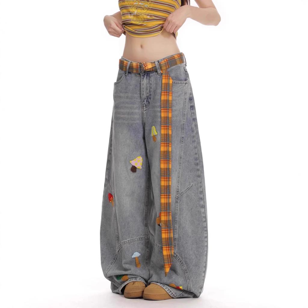 American Retro Fun Cartoon Embroidered Jeans Women's Autumn and Winter New Loose Straight Wide Leg Drape Pants