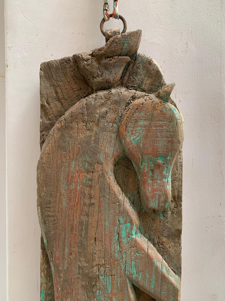 Rustic Wood Carved Horse Wall Plaque: Antique Indian Panel
