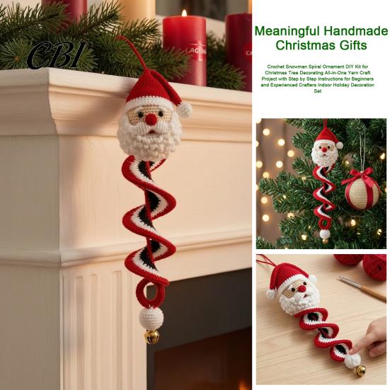 Creative Holiday Hobbies for Women Christmas Spiral Crochet Kit, DIY Snowman Santa Craft Decorative Snowflake Ornament Project Handmade Hanging