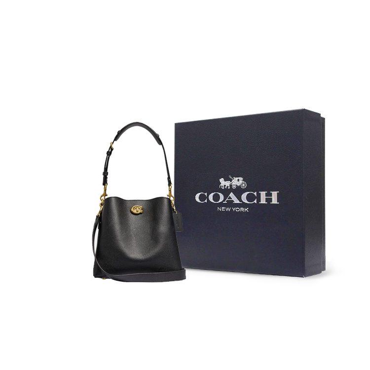 COACH Willow Polished Pebbled Leather Bucket Bag, Portable Crossbody Bag, Shoulder Bag Medium Women's Brass & Black C3916-B4BK