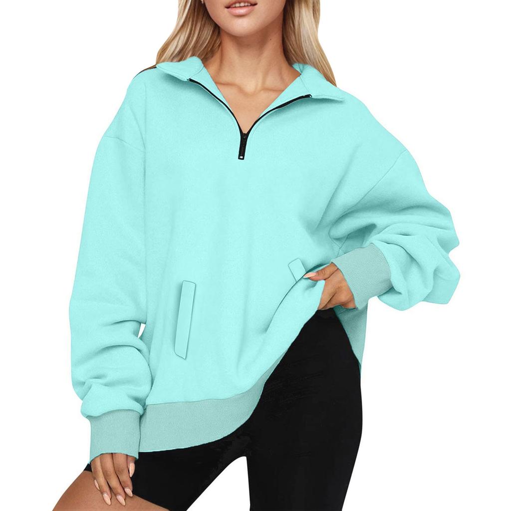 Женская повседневная модная однотонная толстовка с длинным рукавом на молнии с 2 карманами