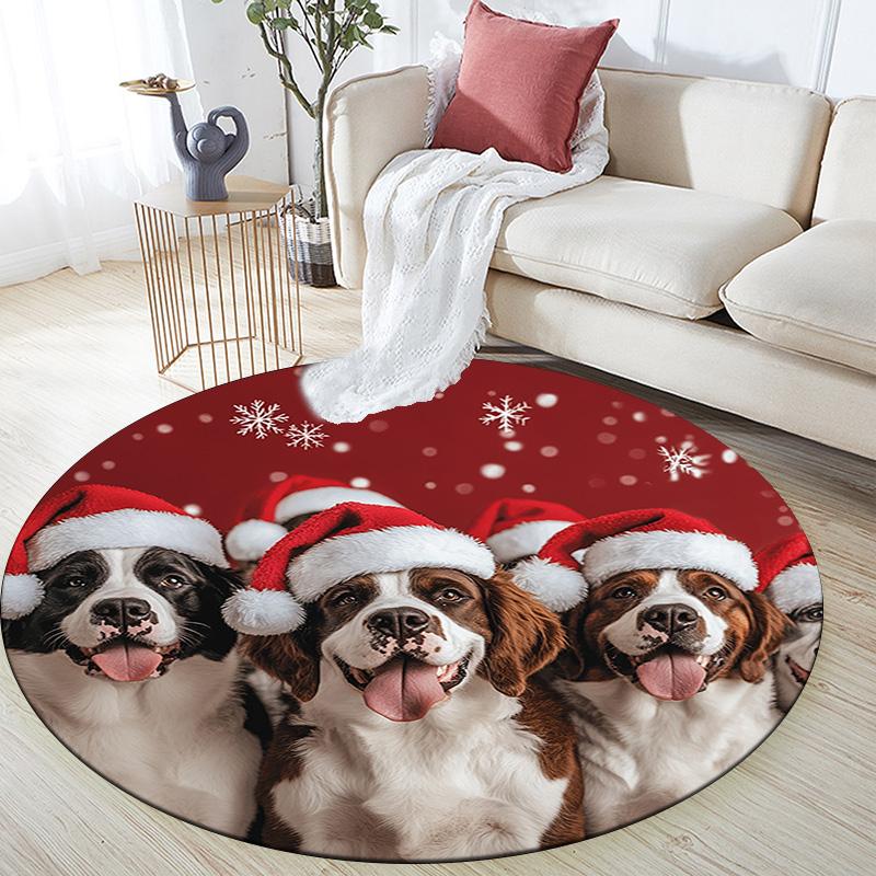 Dogs in Santa Hats Round Area Rug,Carpet Rug for Living Room Bedroom Sofa Playroom Decor,Non-slip Floor Mat