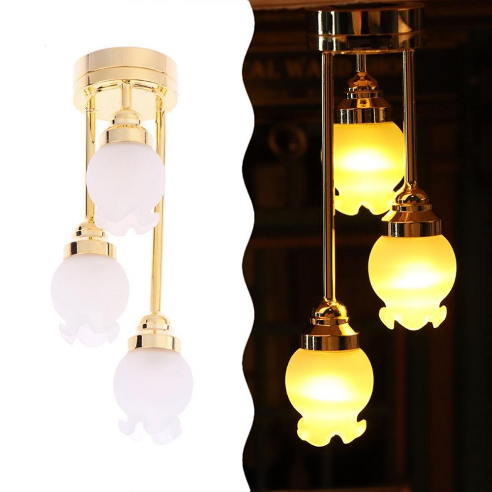 1:12 Miniature LED Golden Light Mini Home Table Lamp Model Doll House Accessories