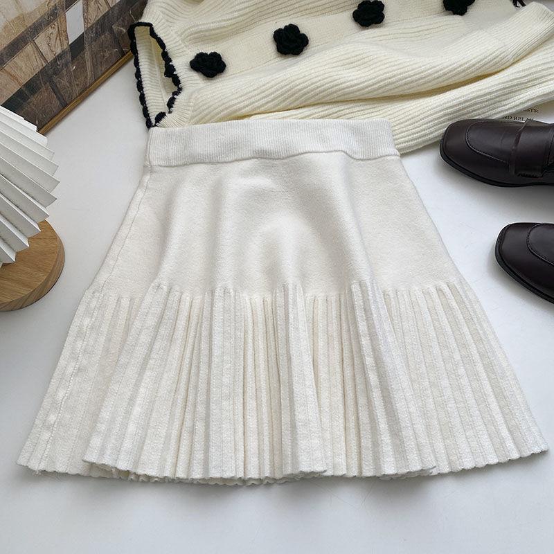 Эластичная вязаная плиссированная юбка с высокой талией для женщин, весенние корейские осенние и зимние универсальные однотонные женские топы