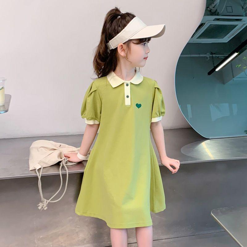 Girls Summer Heart Print Polo Dress Korean T Shirt Dress for Kids