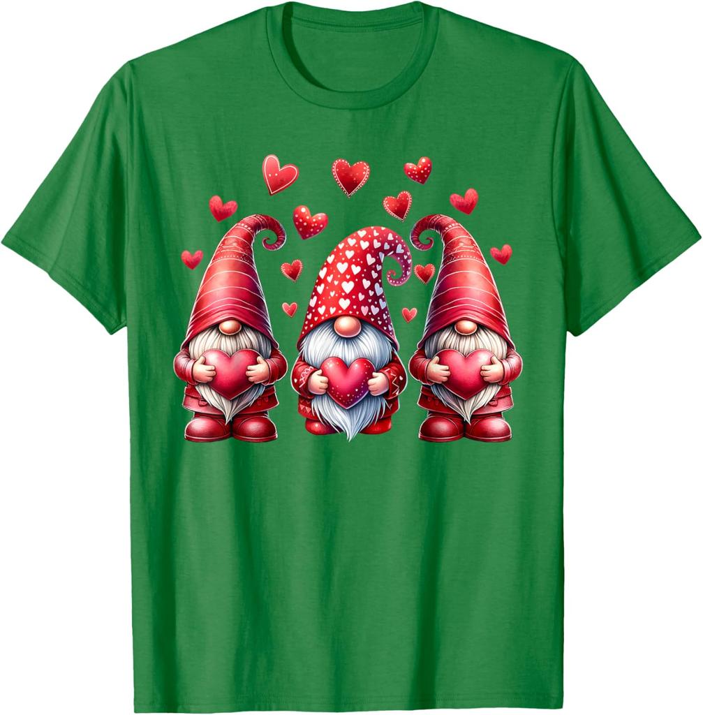 Pink Valentine Gnomes with Hearts Graphic Print Cotton T-Shirt Casual Daily Tee for Women Men