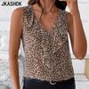 Женские модные повседневные летние весенние блузки и рубашки без рукавов с v-образным вырезом с леопардовым принтом