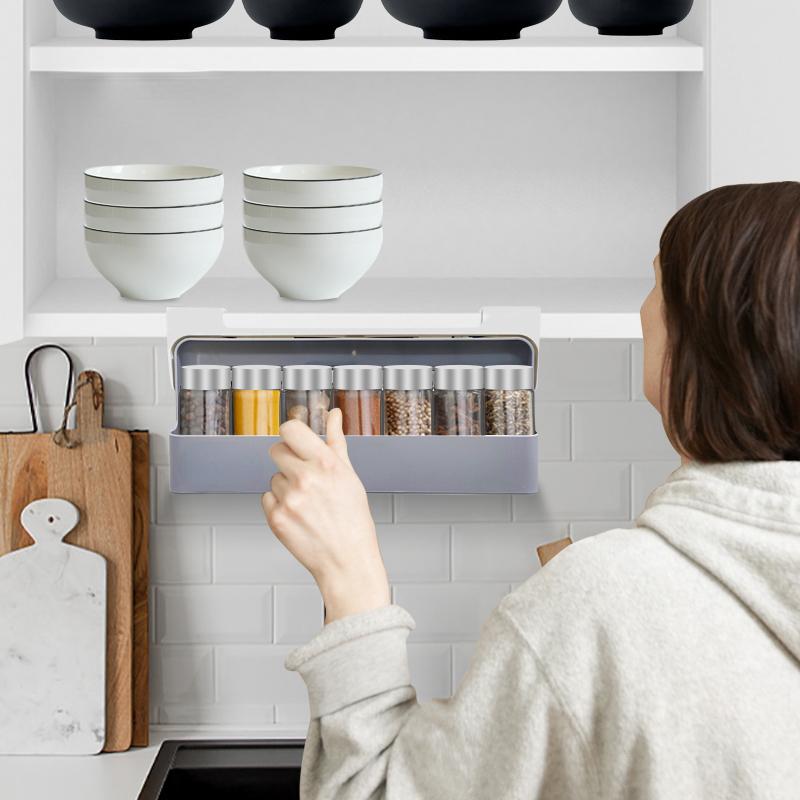 Кухонный самоклеящийся органайзер для специй, стеллаж для хранения бутылок приправ, под ящиком стола, скрытое хранение кухонных принадлежностей