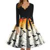Women's Fashion V-Neck Casual Slim Fit Halloween Printed Long Sleeve Dress