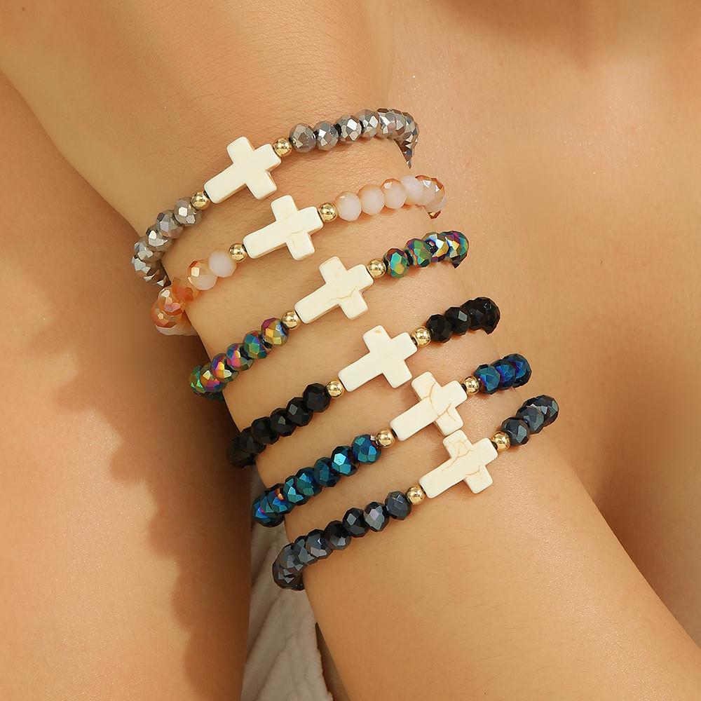 Bohemian Lady Stacking Bracelet With Turquoise Cross And Colorful Crystals For Travel Gift